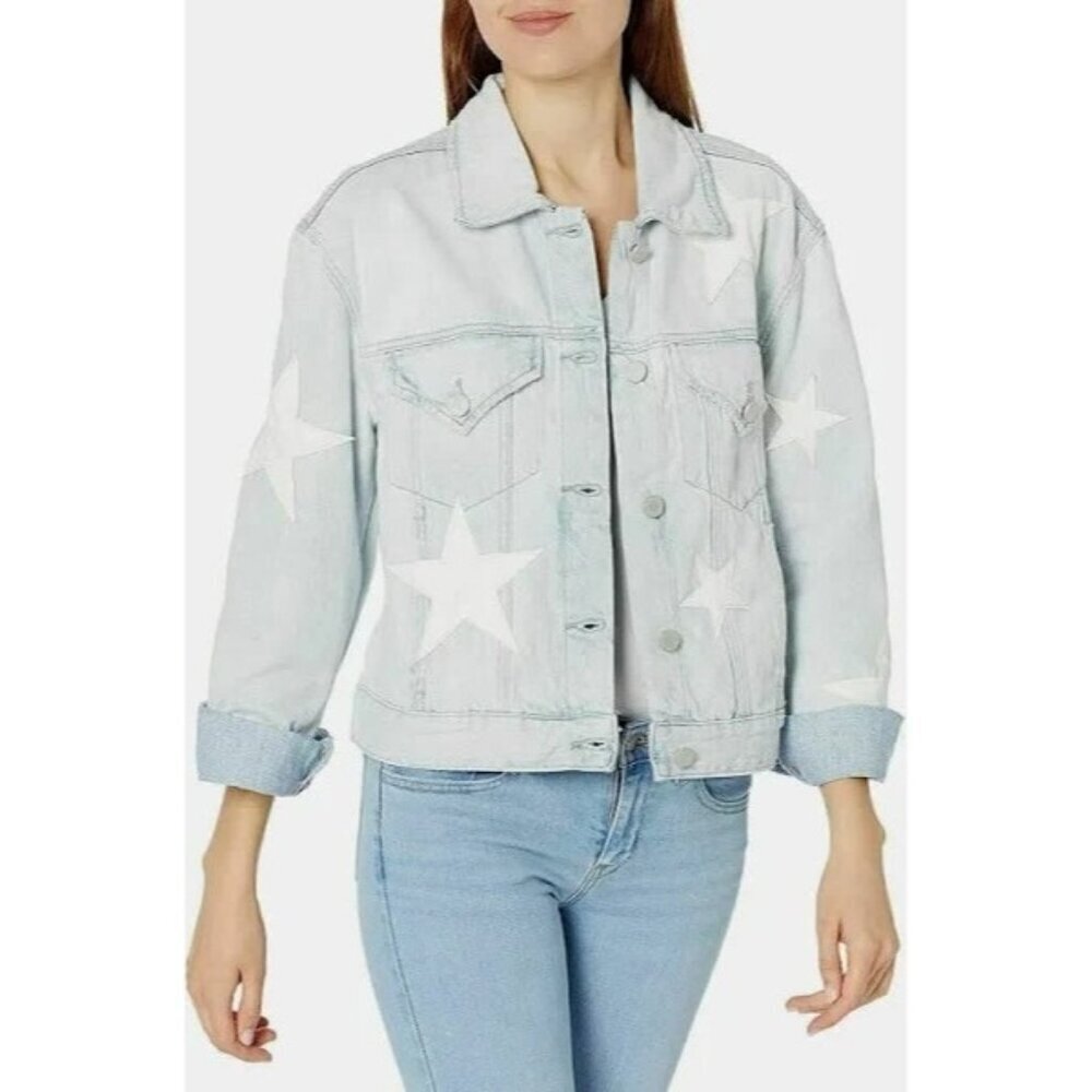 BLANK NYC Women's Denim Jacket With Leather Starts Size Large‎ 100% Cotton
